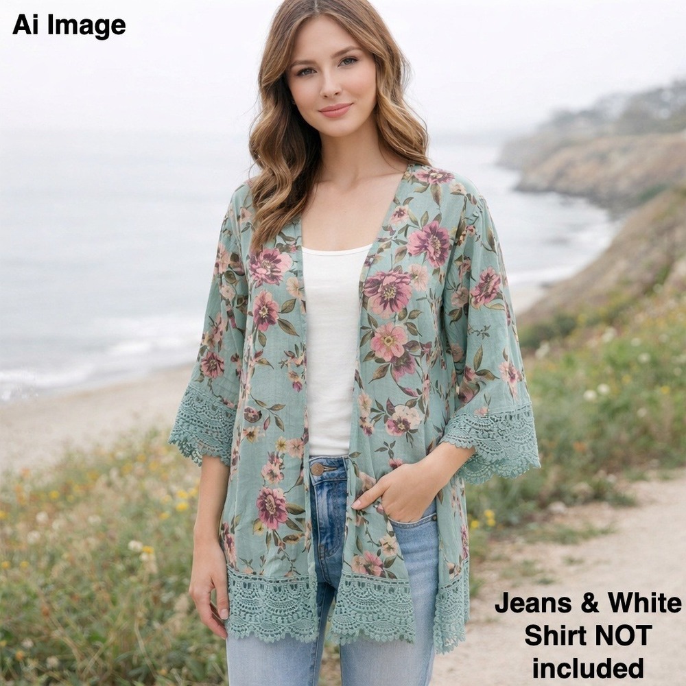 Jolt Floral Lace Trim Kimono Cardigan Women XS Boho Cottagecore Coastal Romantic